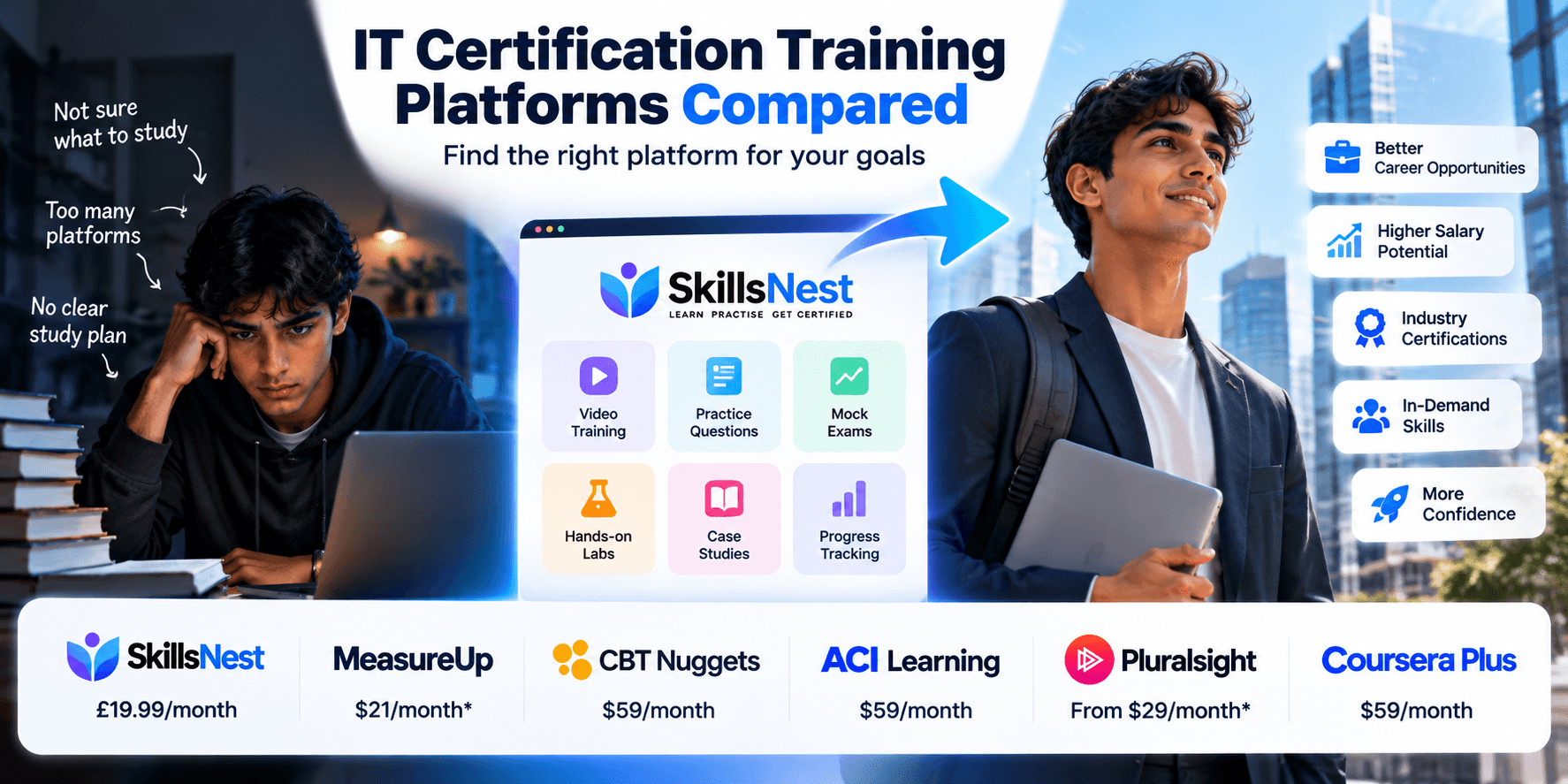 SkillsNest IT certification training platform comparison showing a learner progressing from studying to improved career opportunities.